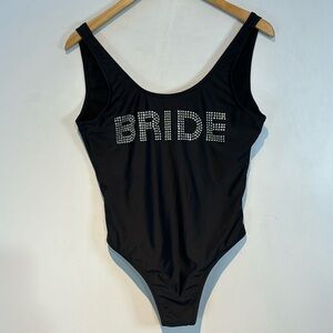 Revamped “Bride” black bathing suit /body suit rhinestone bling lettering size M